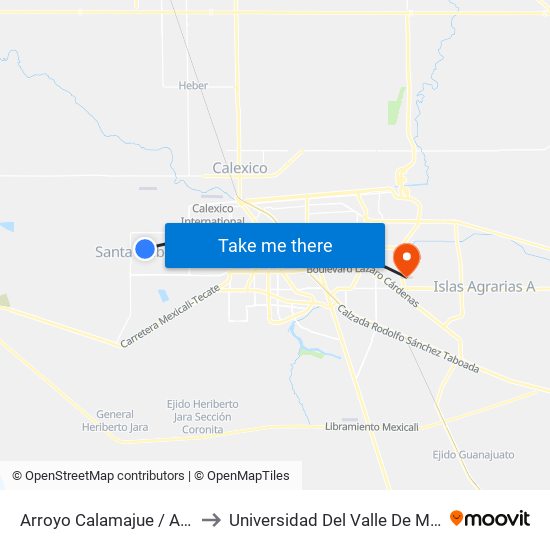 Arroyo Calamajue / Avenida El Portezuelo to Universidad Del Valle De México - Campus Mexicali map