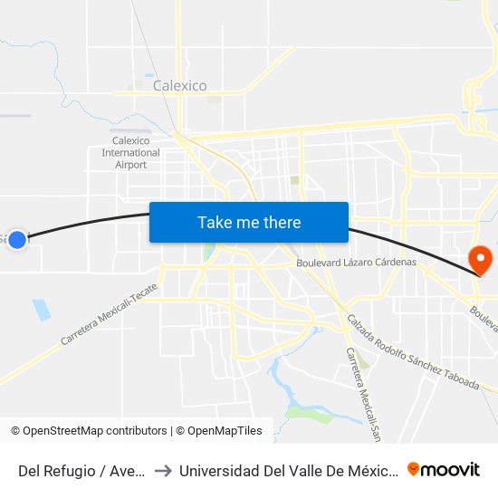 Del Refugio / Avenida Saturno to Universidad Del Valle De México - Campus Mexicali map