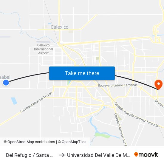 Del Refugio / Santa María De Guadalupe to Universidad Del Valle De México - Campus Mexicali map