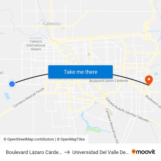 Boulevard Lázaro Cárdenas / Capitán Juan Mange to Universidad Del Valle De México - Campus Mexicali map