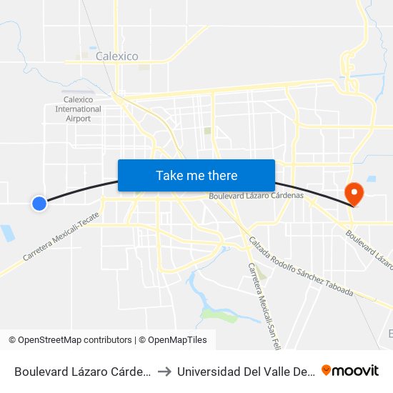 Boulevard Lázaro Cárdenas / Capitán Juan Cabrillo to Universidad Del Valle De México - Campus Mexicali map