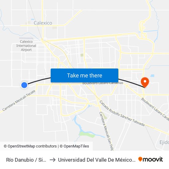 Río Danubio / Sierra Bonita to Universidad Del Valle De México - Campus Mexicali map