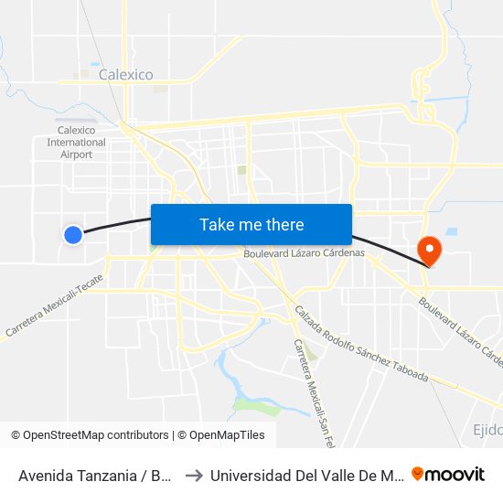 Avenida Tanzania / Boulevard Luis Álvarez to Universidad Del Valle De México - Campus Mexicali map