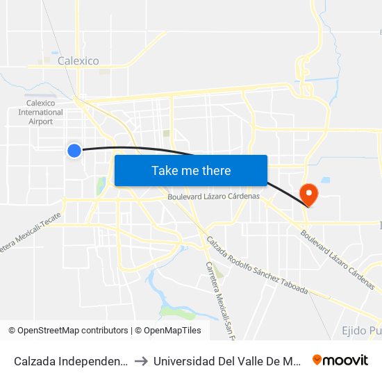 Calzada Independencia / Chilpancingo to Universidad Del Valle De México - Campus Mexicali map