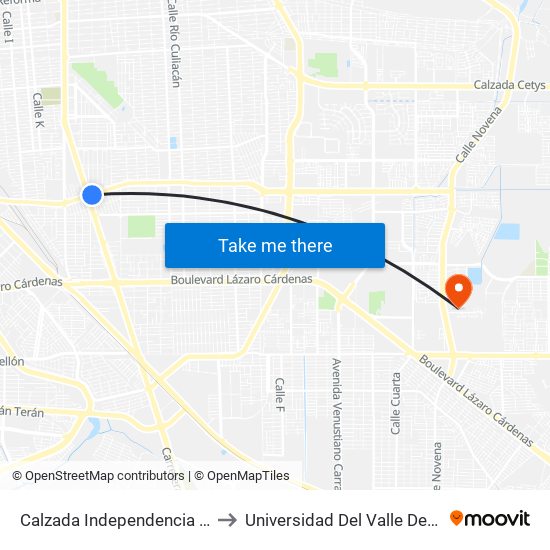 Calzada Independencia / Rafaela López De Rayón to Universidad Del Valle De México - Campus Mexicali map