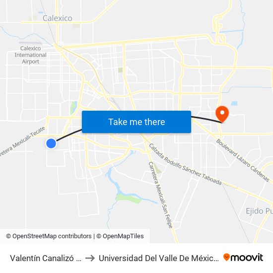 Valentín Canalizó / Federación to Universidad Del Valle De México - Campus Mexicali map