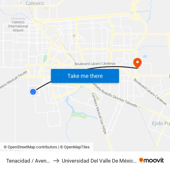 Tenacidad / Avenida Grandeza to Universidad Del Valle De México - Campus Mexicali map