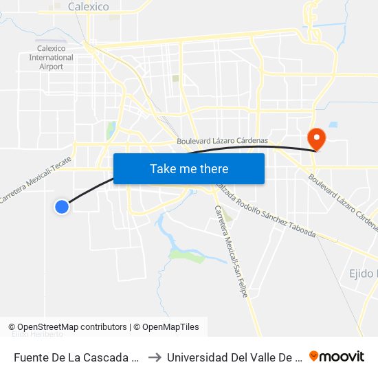 Fuente De La Cascada / Fuente De Júpiter Oeste to Universidad Del Valle De México - Campus Mexicali map