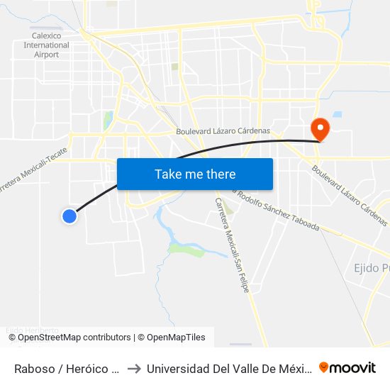 Raboso / Heróico Colegio Militar to Universidad Del Valle De México - Campus Mexicali map