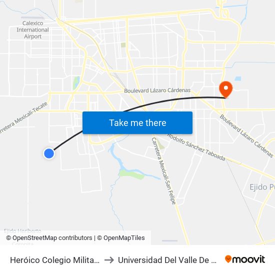 Heróico Colegio Militar / Hacienda Caracheo to Universidad Del Valle De México - Campus Mexicali map