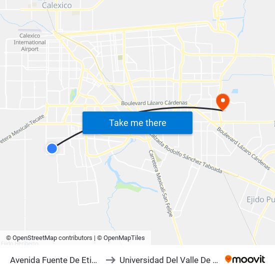 Avenida Fuente De Etiopía / Avenida Grandeza to Universidad Del Valle De México - Campus Mexicali map