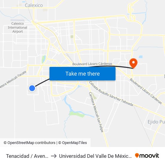 Tenacidad / Avenida Decisión to Universidad Del Valle De México - Campus Mexicali map