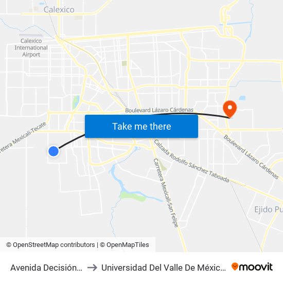 Avenida Decisión / Seguridad to Universidad Del Valle De México - Campus Mexicali map
