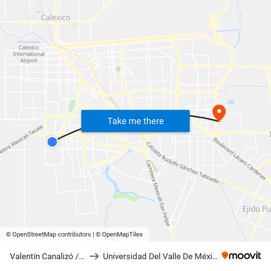 Valentín Canalizó / Los Coroneles to Universidad Del Valle De México - Campus Mexicali map