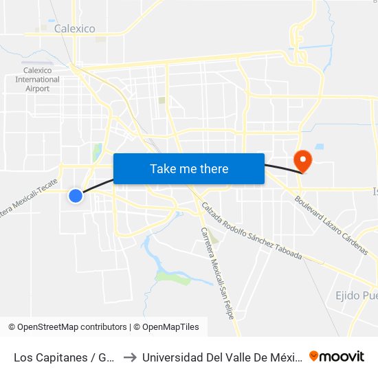 Los Capitanes / General Pedraza to Universidad Del Valle De México - Campus Mexicali map