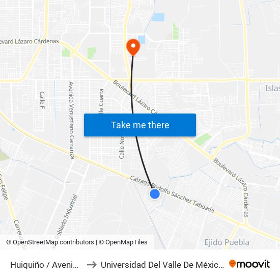 Huiquiño / Avenida Acamayas to Universidad Del Valle De México - Campus Mexicali map