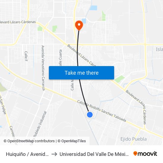 Huiquiño / Avenida Huazontles to Universidad Del Valle De México - Campus Mexicali map