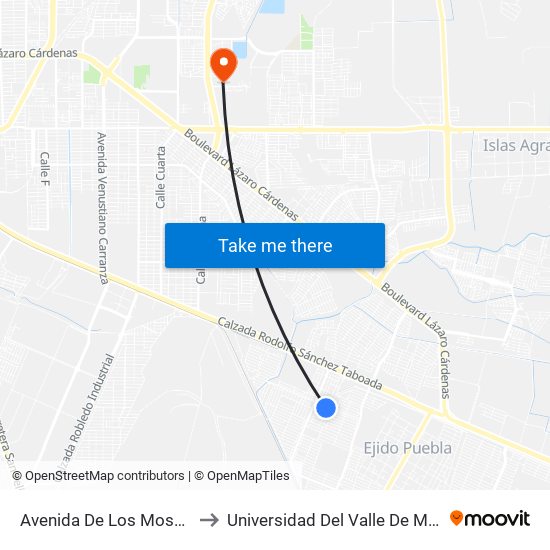 Avenida De Los Mosaicos / Tlaxcaltecas to Universidad Del Valle De México - Campus Mexicali map