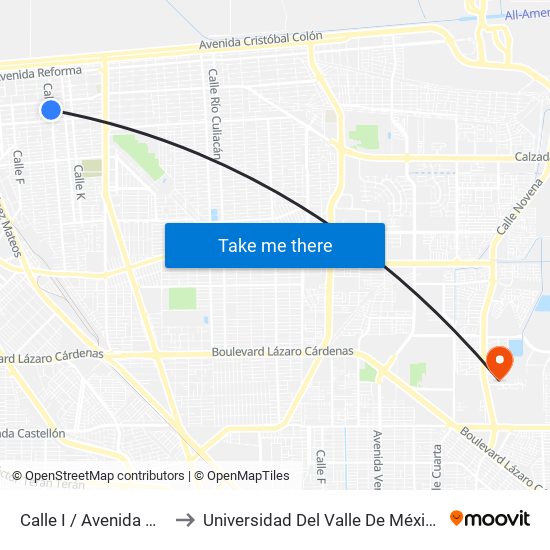 Calle I / Avenida Mariano Arista to Universidad Del Valle De México - Campus Mexicali map