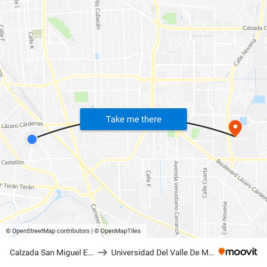 Calzada San Miguel El Grande / Valladolid to Universidad Del Valle De México - Campus Mexicali map