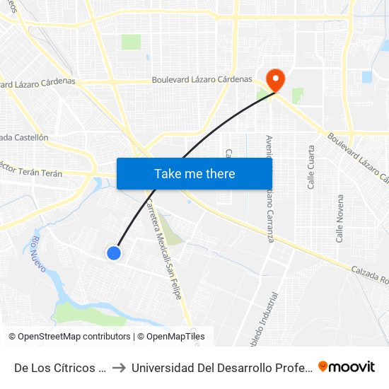De Los Cítricos / Diego Álvarez to Universidad Del Desarrollo Profesional S.C. (Unidad Mexicali) map