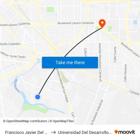 Francisco Javier Del Castillo / Francisco De Paula to Universidad Del Desarrollo Profesional S.C. (Unidad Mexicali) map