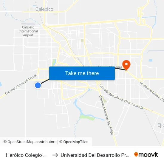 Heróico Colegio Militar / Pedro García to Universidad Del Desarrollo Profesional S.C. (Unidad Mexicali) map