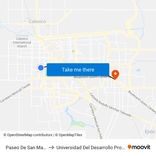 Paseo De San Marcos / De La Lluvia to Universidad Del Desarrollo Profesional S.C. (Unidad Mexicali) map