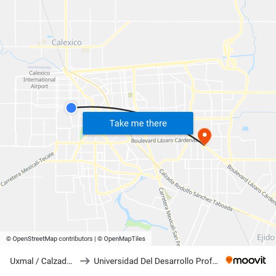 Uxmal / Calzada Independencia to Universidad Del Desarrollo Profesional S.C. (Unidad Mexicali) map