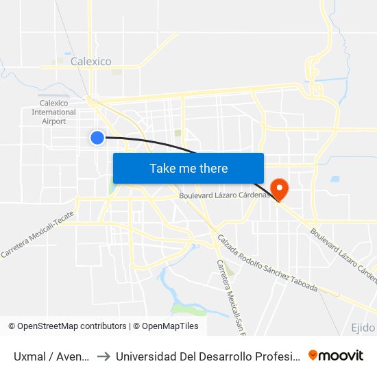 Uxmal / Avenida Tabasco to Universidad Del Desarrollo Profesional S.C. (Unidad Mexicali) map