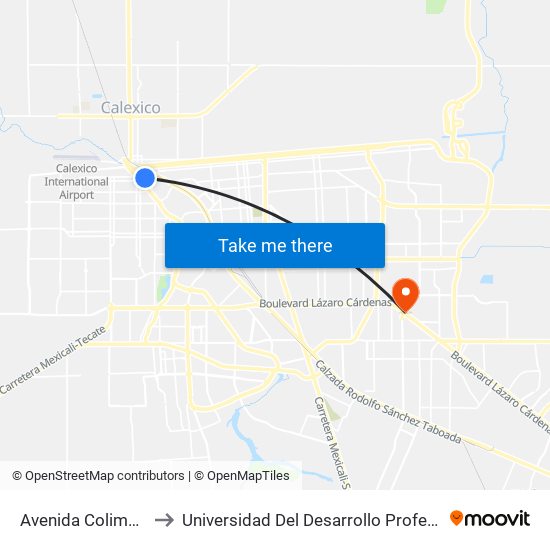 Avenida Colima / José Azueta to Universidad Del Desarrollo Profesional S.C. (Unidad Mexicali) map