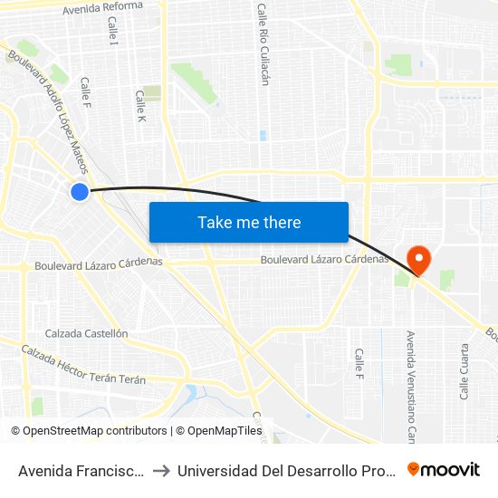 Avenida Francisco Sarabia / Calera to Universidad Del Desarrollo Profesional S.C. (Unidad Mexicali) map