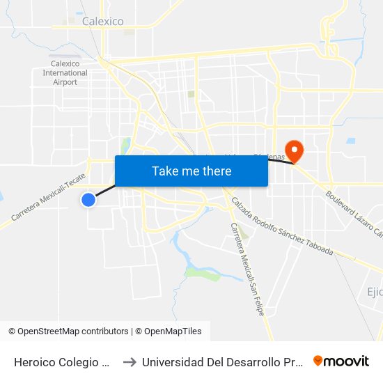 Heroico Colegio Militar / Pedro García to Universidad Del Desarrollo Profesional S.C. (Unidad Mexicali) map