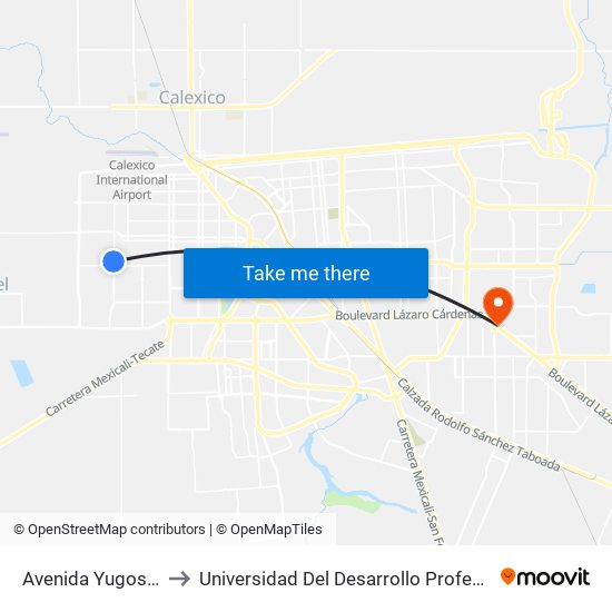 Avenida Yugoslavia / Bélgica to Universidad Del Desarrollo Profesional S.C. (Unidad Mexicali) map