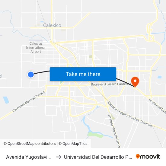 Avenida Yugoslavia / Continente Europeo to Universidad Del Desarrollo Profesional S.C. (Unidad Mexicali) map