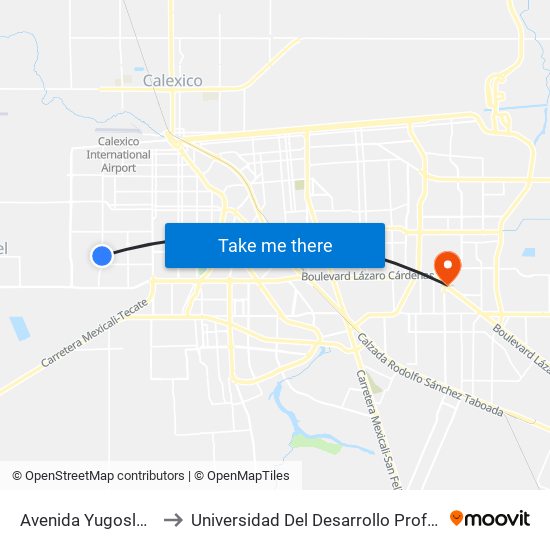Avenida Yugoslavia / Psicólogos to Universidad Del Desarrollo Profesional S.C. (Unidad Mexicali) map