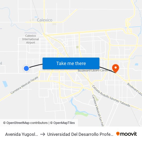 Avenida Yugoslavia / Médicos to Universidad Del Desarrollo Profesional S.C. (Unidad Mexicali) map