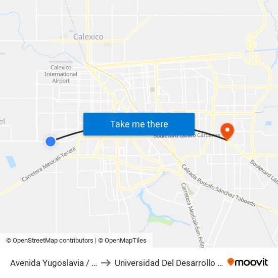 Avenida Yugoslavia / Boulevard Lázaro Cárdenas to Universidad Del Desarrollo Profesional S.C. (Unidad Mexicali) map