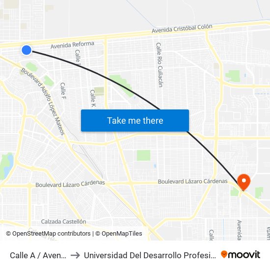 Calle A / Avenida Reforma to Universidad Del Desarrollo Profesional S.C. (Unidad Mexicali) map