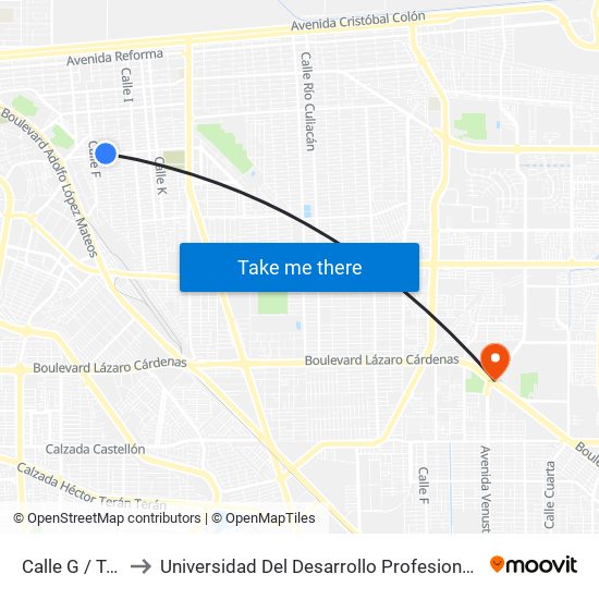 Calle G / Tapiceros to Universidad Del Desarrollo Profesional S.C. (Unidad Mexicali) map