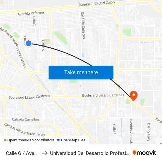 Calle G / Avenida Mineros to Universidad Del Desarrollo Profesional S.C. (Unidad Mexicali) map