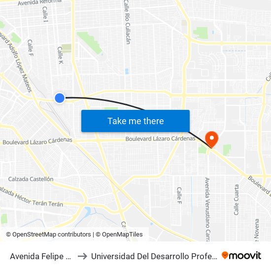 Avenida Felipe Martell / Calle J to Universidad Del Desarrollo Profesional S.C. (Unidad Mexicali) map