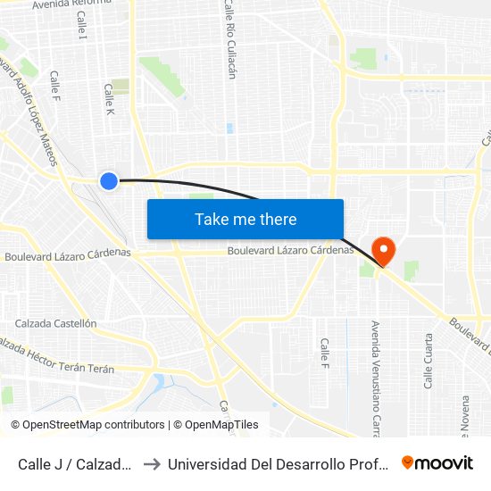 Calle J / Calzada Independencia to Universidad Del Desarrollo Profesional S.C. (Unidad Mexicali) map