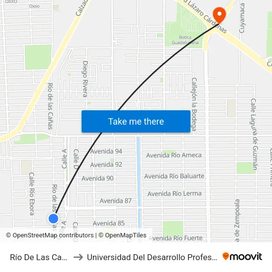 Río De Las Cañas / Calle 86 to Universidad Del Desarrollo Profesional S.C. (Unidad Mexicali) map