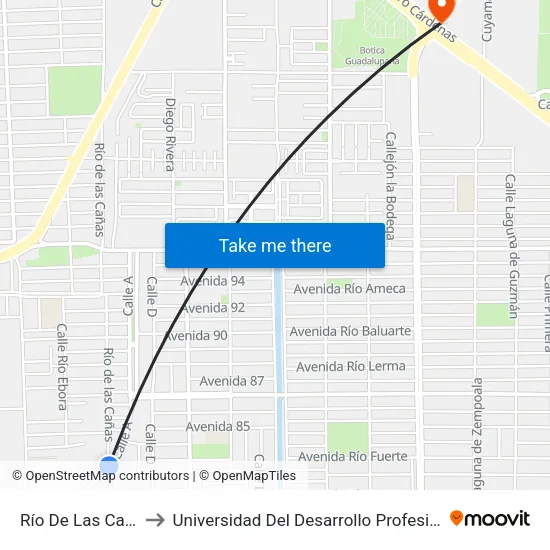 Río De Las Cañas / Calle A to Universidad Del Desarrollo Profesional S.C. (Unidad Mexicali) map