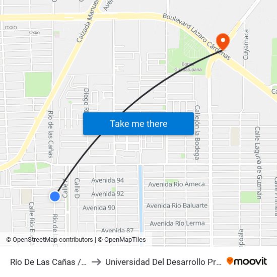 Río De Las Cañas / Presa De La Amistad to Universidad Del Desarrollo Profesional S.C. (Unidad Mexicali) map