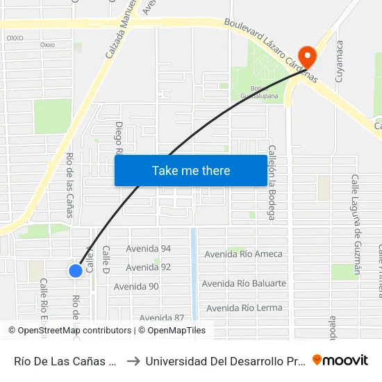Río De Las Cañas / Presa De La Amistad to Universidad Del Desarrollo Profesional S.C. (Unidad Mexicali) map