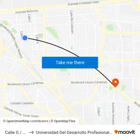 Calle G / Mineros to Universidad Del Desarrollo Profesional S.C. (Unidad Mexicali) map