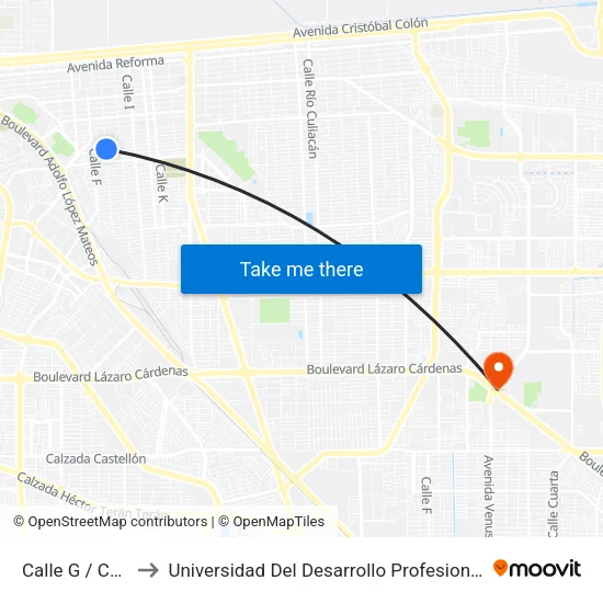 Calle G / Carpinteros to Universidad Del Desarrollo Profesional S.C. (Unidad Mexicali) map