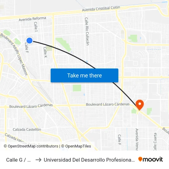 Calle G / Herreros to Universidad Del Desarrollo Profesional S.C. (Unidad Mexicali) map